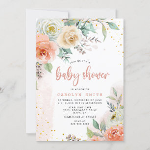 Perzik crème wit rozen bloemig goud Baby shower Kaart