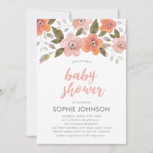 Perzik Delicate Bloemen Baby shower Uitnodiging (Voorkant)