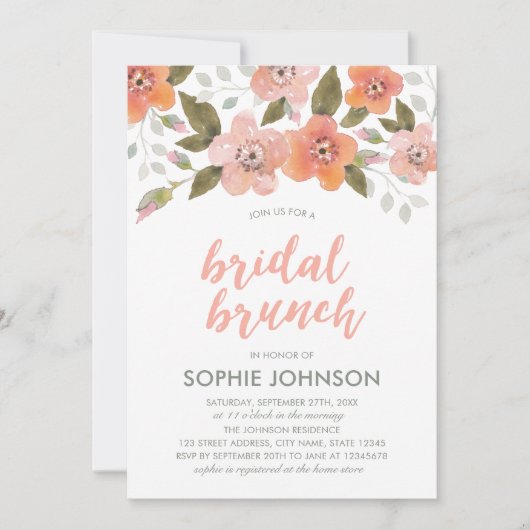 Perzik Delicate Bloemen Bruids Brunch Uitnodiging (Voorkant)