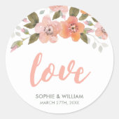 Perzik Delicate Bloemen Bruiloft Liefde Ronde Sticker (Voorkant)