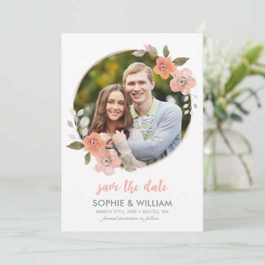 Perzik Delicate Bloemenfoto Save the Date (Staand voorkant)