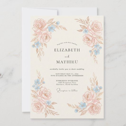 Perzik Delicate Botanische Bruiloft Kaart (Voorkant)