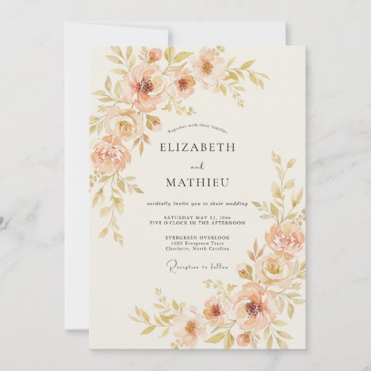 Perzik Delicate Botanische Lente Bruiloft Kaart (Voorkant)