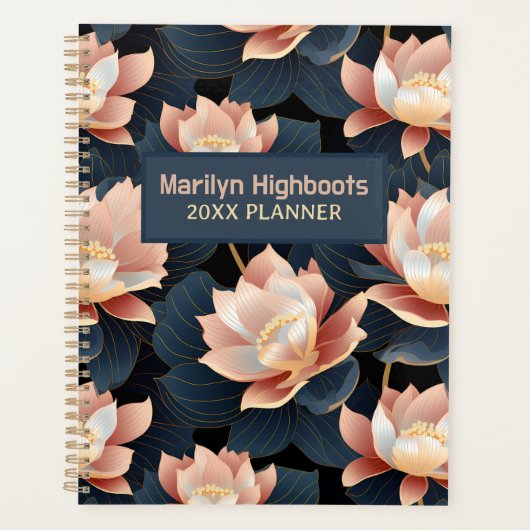 Perzik & donkerblauwe lotus bloemen planner (Voorkant)
