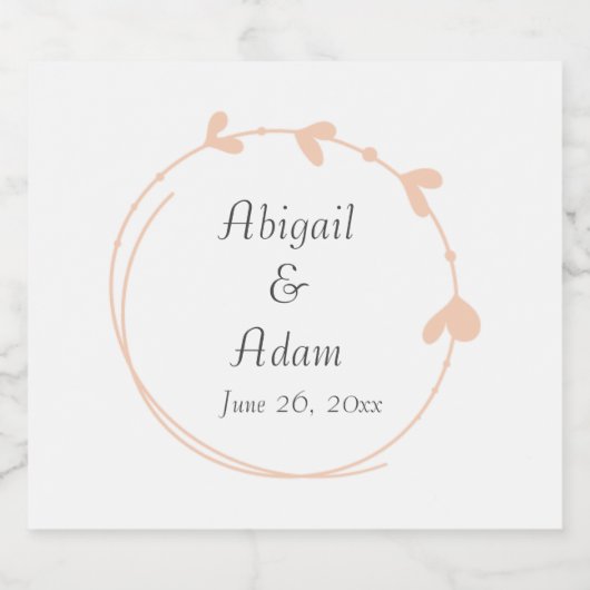 Perzik Eenvoudige Hart Krans Bruiloft Sparkling Wijnetiket (Enkel label)