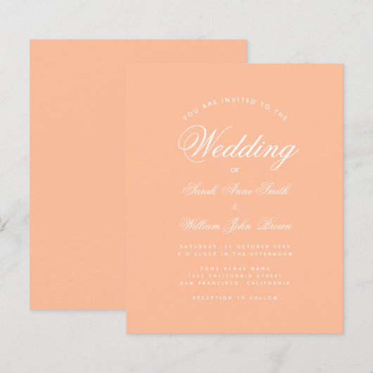 Perzik Eenvoudige Script Budget Trouwkaart (Voorkant / Achterkant)