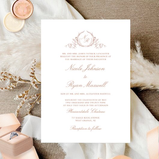 Perzik Elegante Formele Monogram Trouwdag Kaart