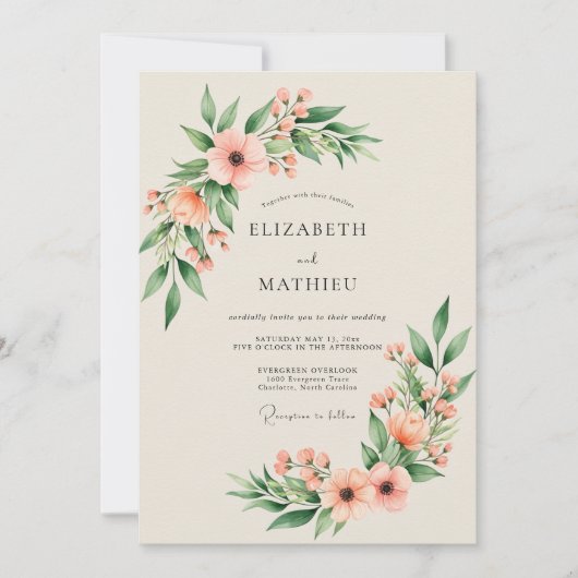 Perzik Elegante Lente Bruiloft Kaart (Voorkant)