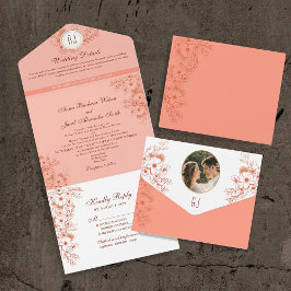 Perzik Elegante Monogram Huwelijk All In One Uitnodiging