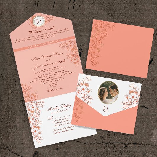 Perzik Elegante Monogram Huwelijk All In One Uitnodiging