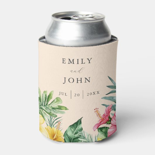 Perzik Elegante Waterverf Tropische Bloemen Huweli Blikjeskoeler (Blikje Voorkant)