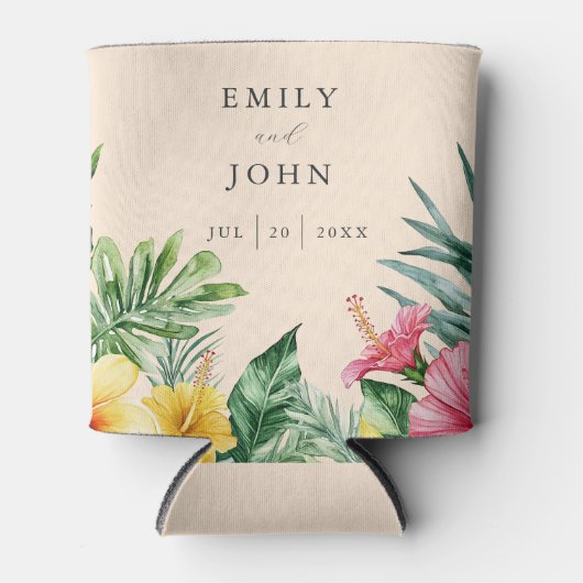 Perzik Elegante Waterverf Tropische Bloemen Huweli Blikjeskoeler (Voorkant)