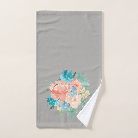 Perzik en Aqua Floral Bouquet met naam Bad Handdoek (Handdoek)