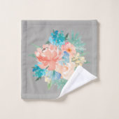 Perzik en Aqua Floral Bouquet met naam Bad Handdoek (Wasdoekje)