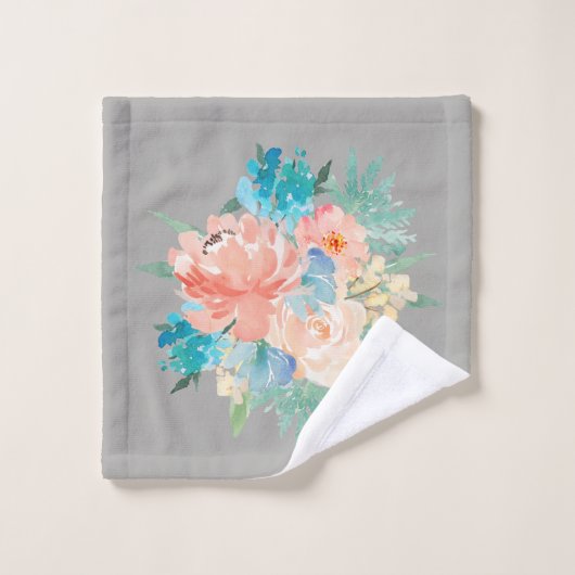 Perzik en Aqua Floral Bouquet met naam Bad Handdoek (Wasdoekje)