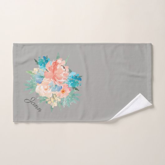 Perzik en Aqua Floral Bouquet met naam Bad Handdoek (Handdoek)