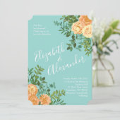 Perzik en Aqua Peony en Roos Floral Wedding Kaart (Staand voorkant)