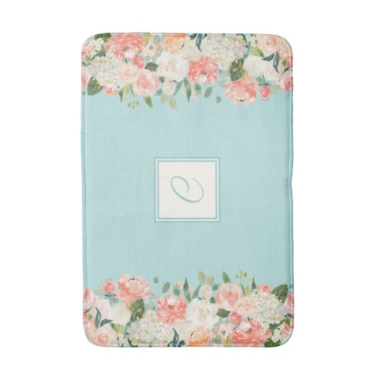 Perzik en Aqua Waterverf Bloemen met Monogram Badmat (Voorkant Verticaal)