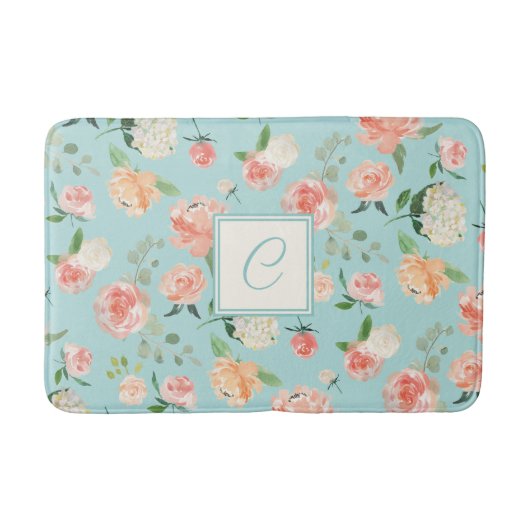 Perzik en Aqua Waterverf Bloemen met Monogram Badmat (Voorkant)