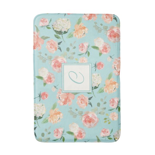 Perzik en Aqua Waterverf Bloemen met Monogram Badmat (Voorkant Verticaal)