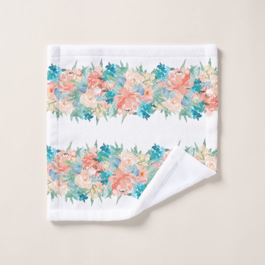 Perzik en Aqua Waterverf Bloemen op Wit Bad Handdoek (Wasdoekje)