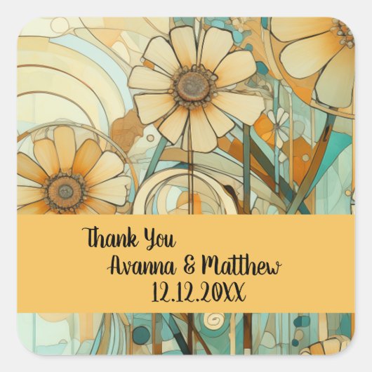 Perzik en Beige Bloemen Abstract Vierkante Sticker (Voorkant)