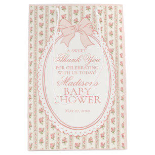 Perzik en beige fancy bloemen baby shower favor medium cadeauzakje