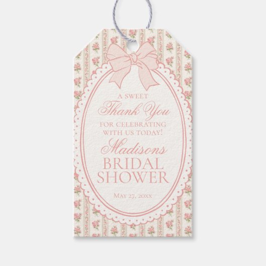 Perzik- en beige fancy bloemige bruiloftsfeest cad cadeaulabel (Voorkant)