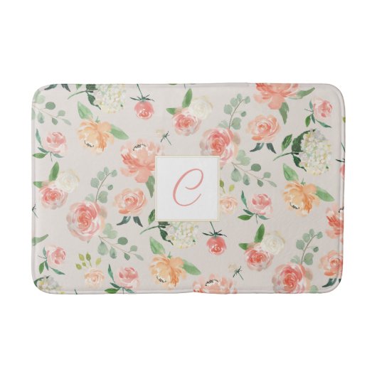 Perzik en beige Floral Patroon met Elk Monogram Badmat (Voorkant)