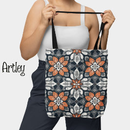 Perzik en Blauw Bloemen Patroon Botanisch Tote Bag