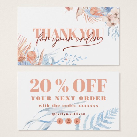 Perzik en blauw tropisch dank u kortingskaart visitekaartje (Voorkant /achterkant)