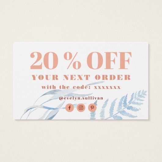 Perzik en blauw tropisch dank u kortingskaart visitekaartje (Achterkant)