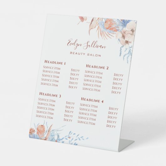 Perzik en blauw tropische prijslijst voetstuk teke reclamebord met voetstuk (Voorkant)