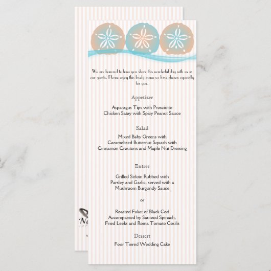 Perzik en Blauw Zand Dollars Strand Bruiloft Menu (Voorkant / Achterkant)