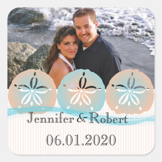 Perzik en Blauw Zand Dollars Strand Bruiloft Vierkante Sticker (Voorkant)