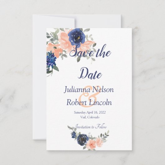 Perzik en blauwe aquarel bloemige save the date ui kaart (Voorkant)