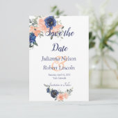 Perzik en blauwe aquarel bloemige save the date ui kaart (Staand voorkant)