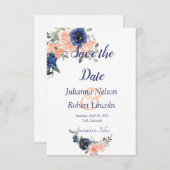 Perzik en blauwe aquarel bloemige save the date ui kaart (Voorkant / Achterkant)