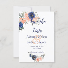 Perzik en blauwe aquarel bloemige save the date ui kaart