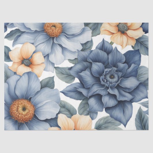 Perzik en blauwe bloemen decoupage tissuepapier (Voorkant)