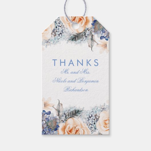 Perzik- en blauwe bloemen Elegante trouwdag Cadeaulabel (Voorkant)