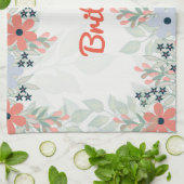 Perzik en blauwe bloemenprint theedoek (Gevouwen)