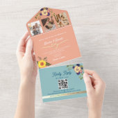 Perzik en blauwe bruiloft uitnodiging met zonneblo (Afscheurbaar)