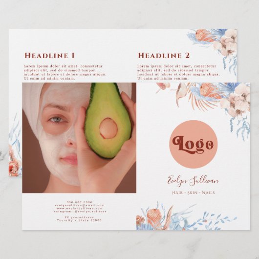 Perzik en blauwe tropische bifold brochure (Voorkant / Achterkant)