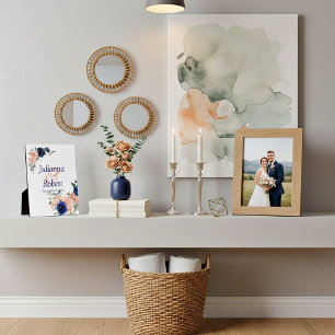 Perzik en blauwe waterverf bloemen bruidsbord fotoplaat