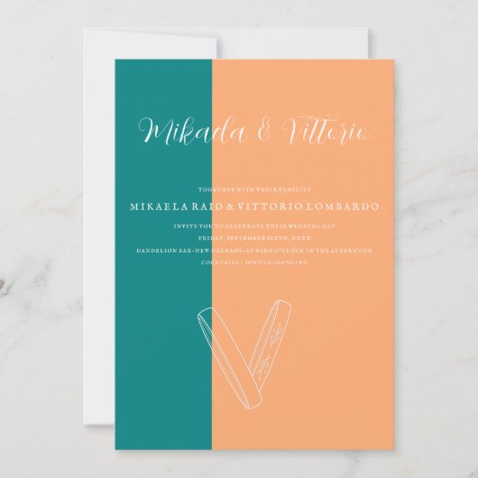 Perzik en Blauwgroen bruiloft Kaart (Voorkant)