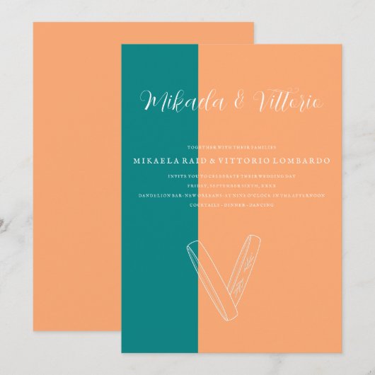 Perzik en Blauwgroen bruiloft Kaart (Voorkant / Achterkant)