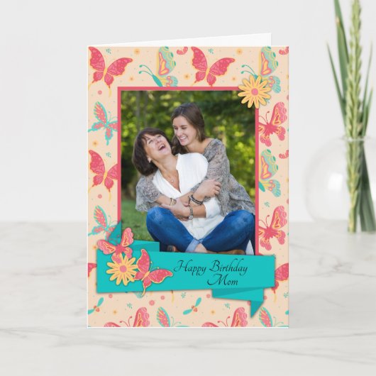 Perzik en Blauwgroen Butterflies Birthday Kaart vo (Voorkant)