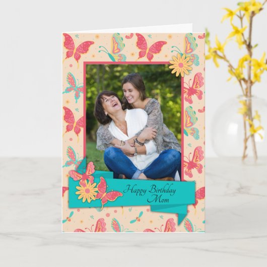 Perzik en Blauwgroen Butterflies Birthday Kaart vo (Gele Bloem)