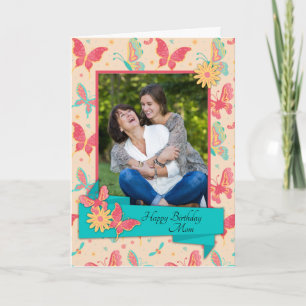 Perzik en Blauwgroen Butterflies Birthday Kaart vo